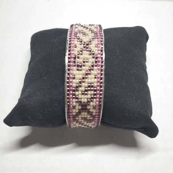 Hand Crafted Jewelry - Loom Beaded Bracelet Cuff Pearl, Purple and Pink